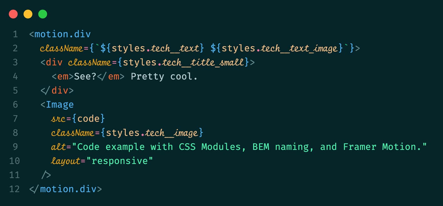 Code example with CSS Modules, BEM naming, and Framer Motion.