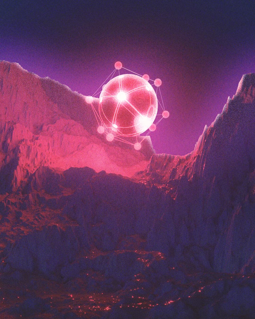 3d render of geometic shape glowing over mountains