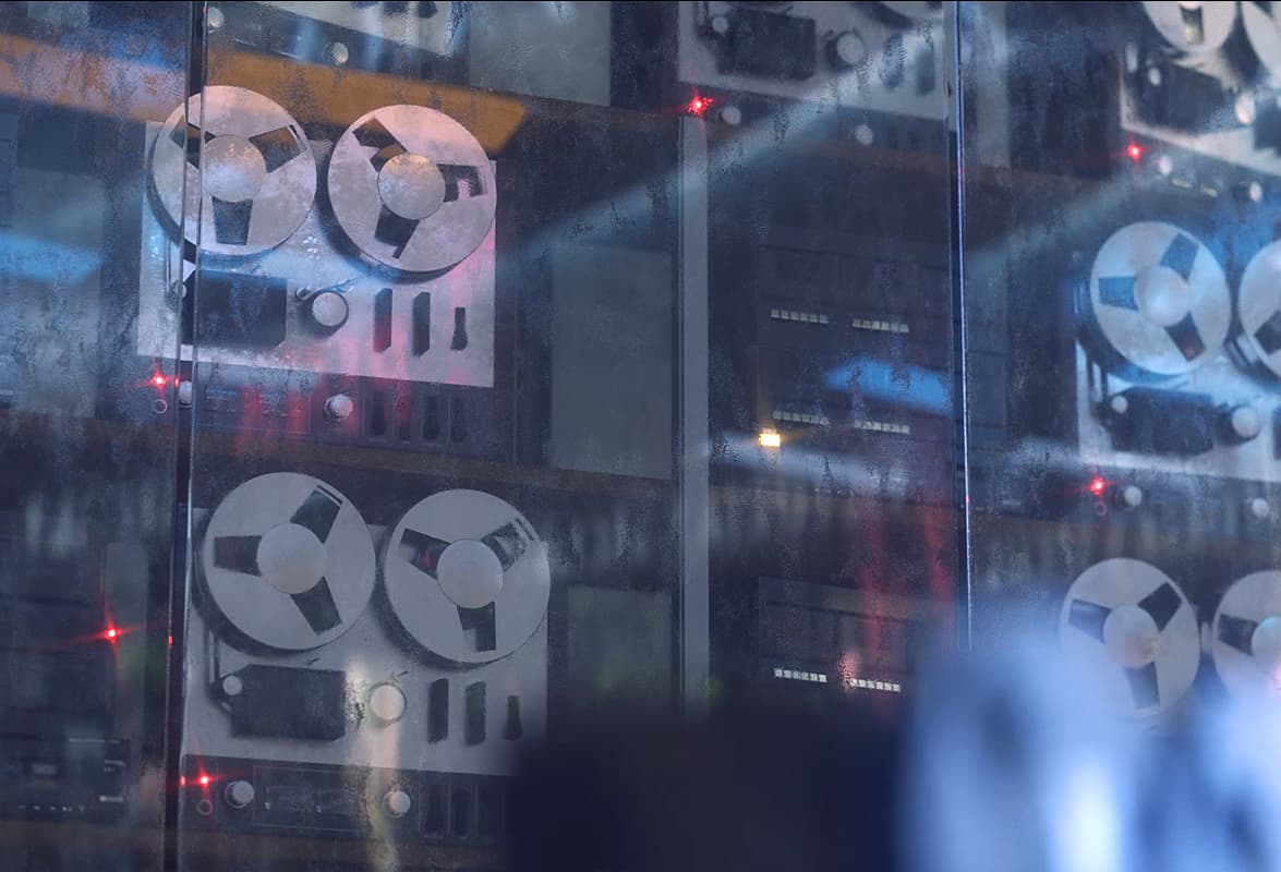 3d render of a reel to reel machines behind glass